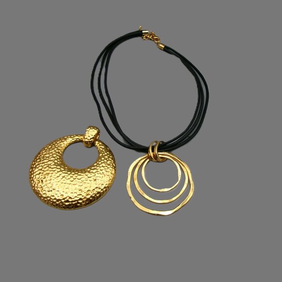 Joan Rivers Leather Cord Necklace with 2 Medallion Pendants, Hammered Gold Rings - Picture 6 of 9